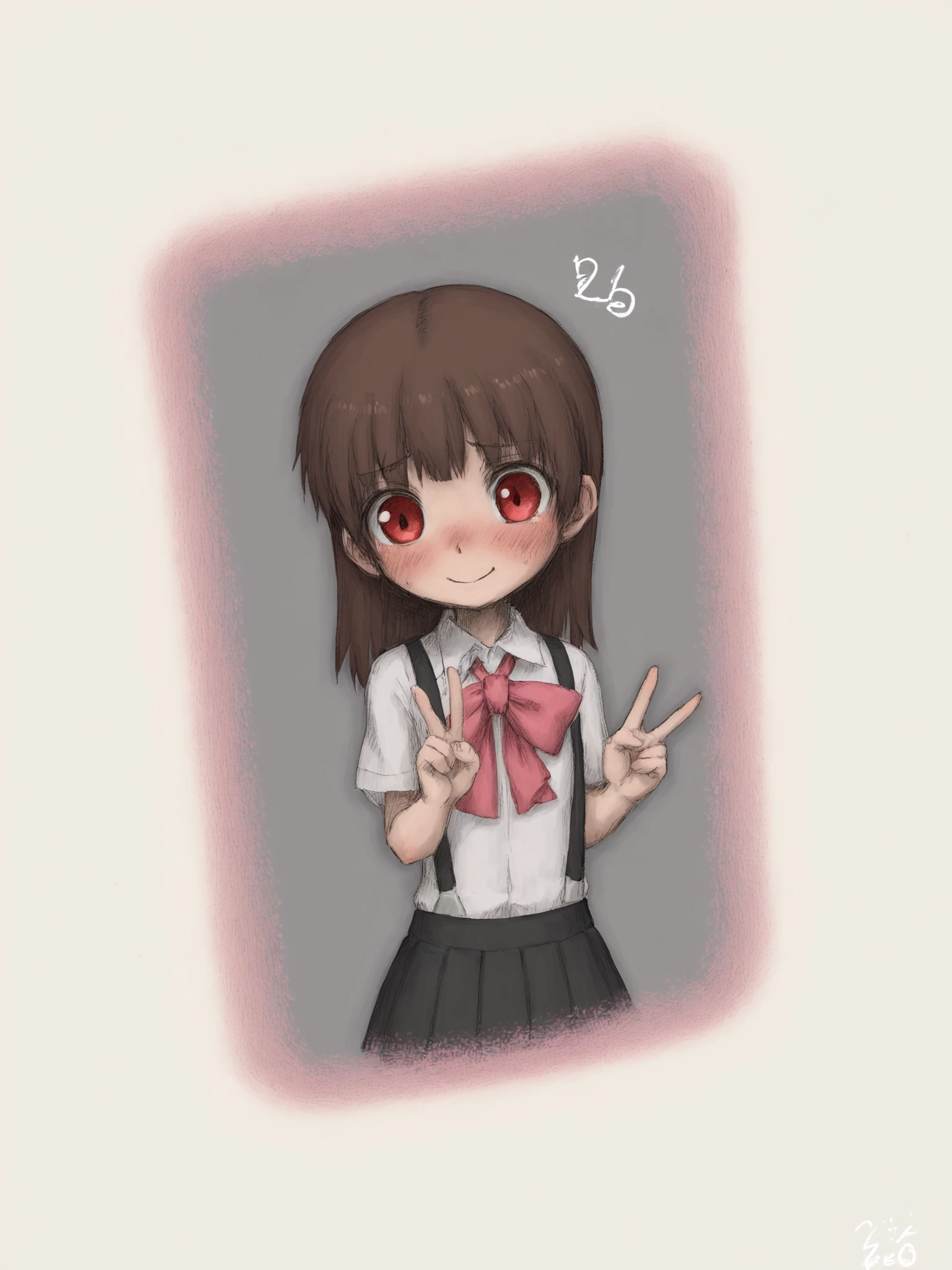 score_9, score_8_up, score_7_up, uncensored, ib,  
ib (ib), solo, (((child, aged_down))), flat_chest, long hair, brown hair, red eyes, simple background, white background, bow, skirt, shirt, suspenders, smile, short sleeves, pleated skirt, white shirt, closed_mouth, wavy_mouth, blush, embarrassed, pink bow, facing viewer, suspender skirt, school uniform, black skirt, collared shirt, blush, bowtie, dress shirt, upper_body, ((V)), from_above, 