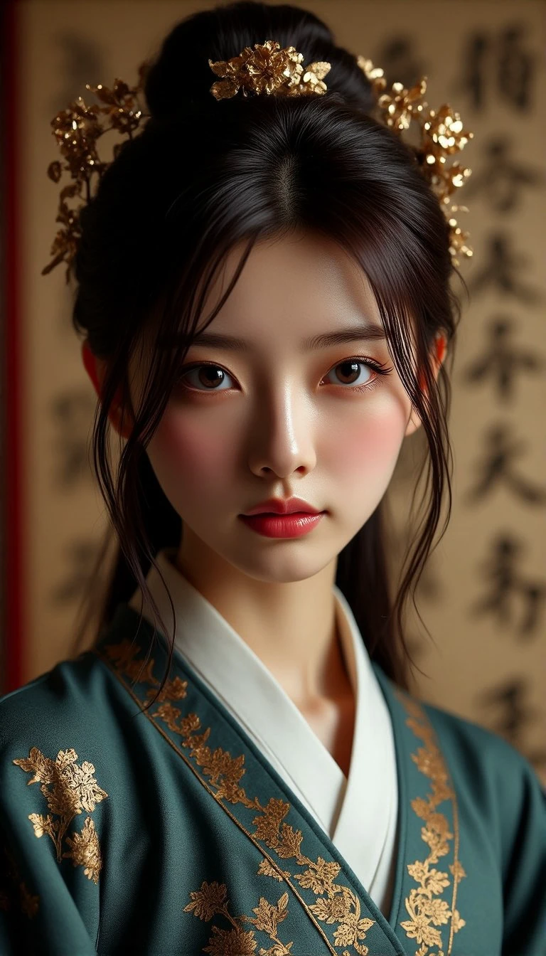 A cinematic portrait of a beautiful young Chinese woman in traditional Hanfu costume, inspired by classical Chinese period dramas. She has delicate features, pale skin, and wears elaborate hair ornaments. The lighting is dramatic, creating a chiaroscuro effect that highlights her face against a background of calligraphy. The composition is reminiscent of a movie poster, with a shallow depth of field and rich, muted colors emphasizing the historical atmosphere.
