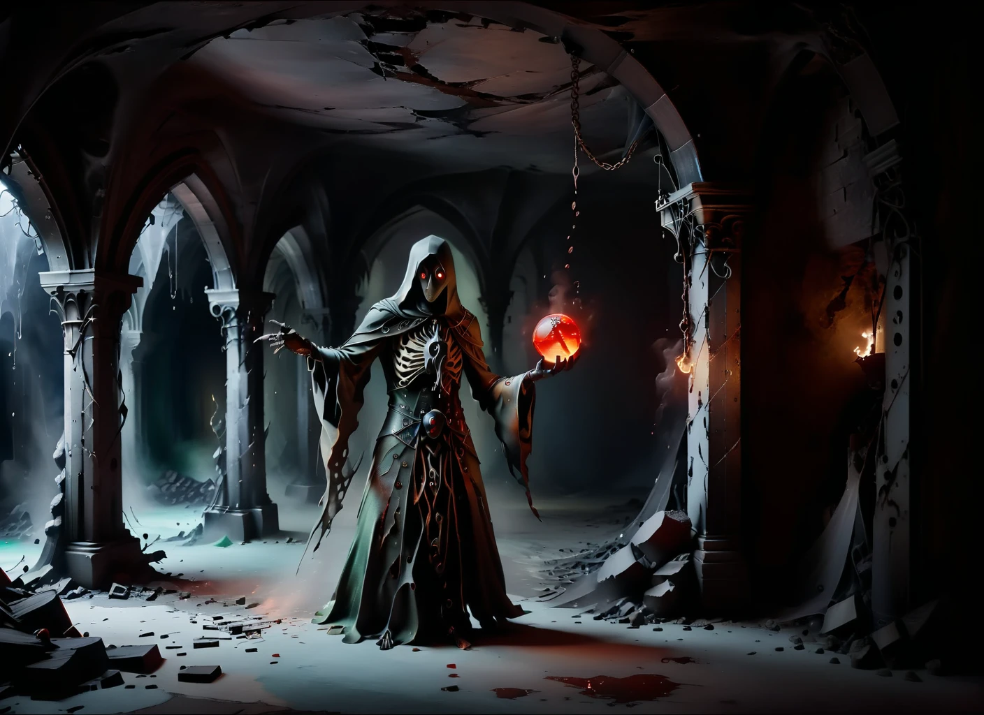 semi realistic, highest quality, (depth of field:1.1), wide angle lens, establishing shot, (view from ground level:1.1), masterpiece, dark fantasy art, medieval era, violent visual novel, (in the style of Magic the Gathering:1.1), indirect lighting, enhanced shadows, backlit, underground, cavernous, (malevolence:1.1), (death:1.1), (corruption:1.1), (darkness:1.1), red and black color theme, volumetric smoke, asymmetrical background on an epic scale BREAK
(a fortified magic keep deep underground in the ruins of a vast ancient city background:1.1), sprawling labyrinth, staircases and corridors, mind-altering enchanted dungeon, rows of crypts and catacombs, multi-tiered caverns carved by the passing of centuries, massive expanses extending into darkness, isolated, (rivers of molten rock and lava:1.2), (pillars of swirling magical flame:1.2), shadowy forms in the distance, jagged rock formations surrounding a (wizard's tower:1.1) and a massive stone walled library, nightmarish hellscape, dealy environment not meant for the living, filled with stalactites and stalagmites, sulfur and brimstone fall from the cavern ceiling, a toxic green smog covers the ground and fills the air, far zoom, landscape image taken from 100 feet away BREAK
an ancient and immortal (Lich:1.1), a levitating corpse to full of hate to remain dead, corrupted natural order of life and death, abomination, dynamic action pose, foreboding, not fond of guests, angry, rage, hands, arms, head, torso, armor, robes, (wizard's staff:1.1) BREAK
undead, humanoid, male, wrapped loosely in decaying bandages, surrounded by flames, (archmage:1.1), (powerful:1.1), pyromancer, necromancer, tall, slender build, skeletal frame held together by magic tendrils of shadow and fire, supernatural, unnatural, nearly omnipotent, intimidating, ominous, deadly, arrogant, murderous, Lich BREAK
skeletal, holding a magical wooden staff and grimoire, metal claws on his fingertips, channelling magical power from everything around them, hands BREAK
wrapped in ancient bandages, extended in a mocking welcome gesture, bent at the elbow, steletal, covered by robes, arms BREAK
skeletal, wrapped loosely in bandages, (fiery glowing red eye sockets:1.3), furrowed brow, cloaked in shadow, covered by hid robe's oversized hood, shrouded in mystery and darkness, head BREAK
covered in dark chainmail, hollow, reinforced skeletal rib cage, burning sphere of fire at its core, torso BREAK
bone, black, exoskeleton, lightweight, magically reinforced, metallic bracers, armored iron crown of a long dead king, armor BREAK
(dark red:1.1), arcane runes stitched around its edges, stained, old and tattered, long open sleeves, stained, burned, decomposing, indestructible, rope belt, satchels, reagents, scrolls, spellbook, cloak fastened around the neck, oversized hood, robes BREAK
wooden, arcane, long, two-handed, spiked mace-like ornamental red gem held by a skeletal claw, tendrils of shadow and flame wrapping around it, held in a single skeletal hand, heavily enchanted, inherently evil, intelligent, staff
<lora:xl-shanbailing-1003fire:1> <lora:JJsUnderGroundBuilding_XL:0.8> <lora:dark_fantasy_art:0.8> <lora:Dark_Particles_Style_SDXL:0.4> <lora:envyStarlight_v10:0.8> <lora:NicolaSamori:0.8>