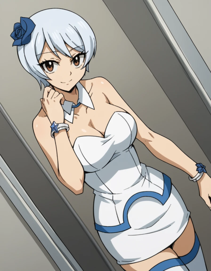 score_9, score_8_up, score_7_up, source_anime, <lora:yukino-agria-s7-ponyxl-lora-nochekaiser:1>, yukino agria, short hair, brown eyes, white hair, large breasts,, hair ornament, thighhighs, dress, jewelry, flower, boots, choker, hair flower, bracelet, white thighhighs, zettai ryouiki, thigh boots, bare shoulders, collarbone, bare arms, detached collar,, hospital room, bedside, get well flowers, comforting, quiet, smile, looking at viewer, hand with fingers spread out, solo,, cowboy shot, dutch angle