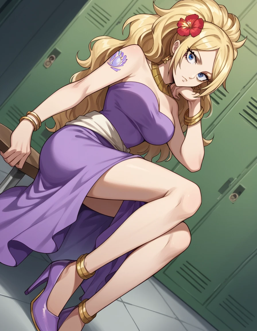 score_9, score_8_up, score_7_up, source_anime, <lora:jenny-realight-anime-ponyxl-lora-nochekaiser:1>, jenny realight, long hair, blue eyes, blonde hair, wavy hair, swept bangs, large breasts,, hair ornament, dress, cleavage, bare shoulders, jewelry, ponytail, flower, earrings, shoes, hair flower, high heels, bracelet, legs, strapless, tattoo, strapless dress, side slit, purple dress,, school hallway, lockers, between classes, everyday life, , looking at viewer, arm resting on back of chair, solo,, cowboy shot, dutch angle