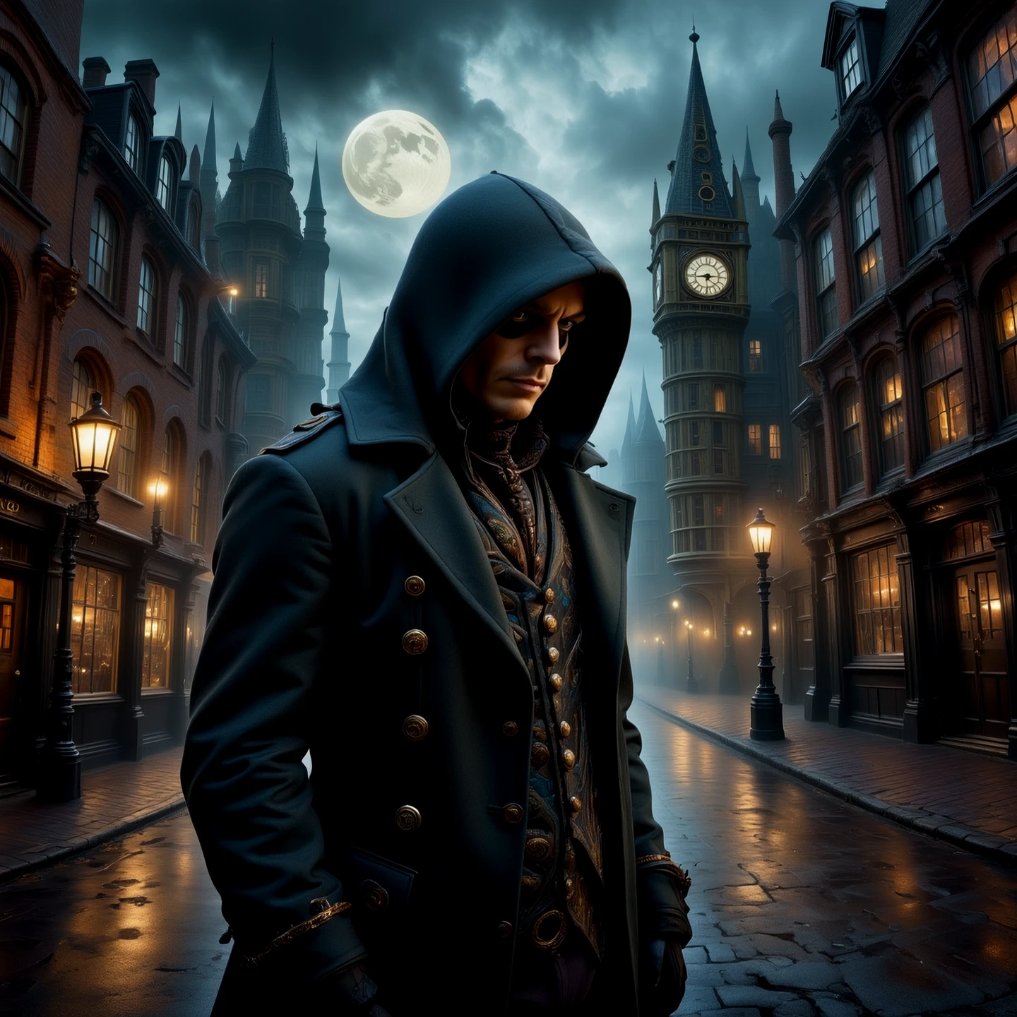 A hooded man in the dark of night. In the city.

Atmospheric. Rustic.

WhimLonCE style