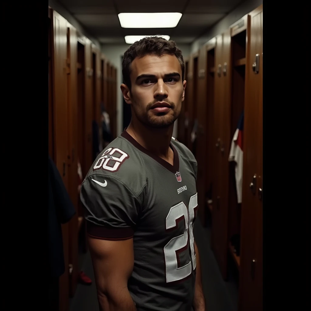 man, football jersey, lockerroom, direct eye contact, looking at viewer,th30