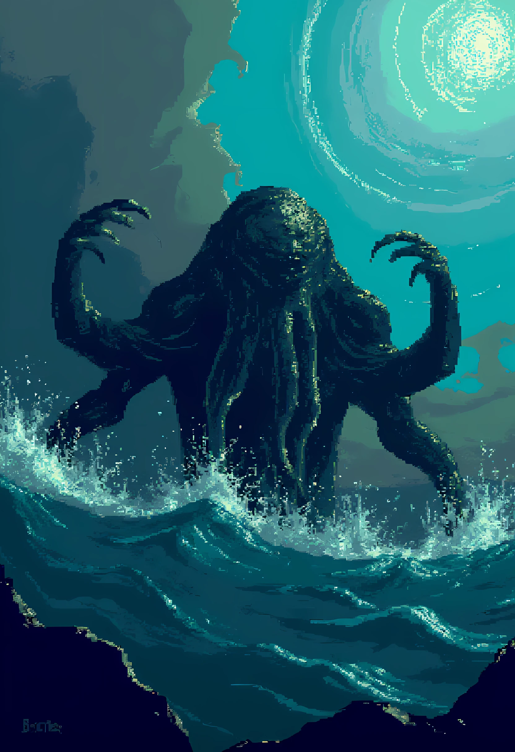 ootwstyle, Cthulhu capsizing ships in the ocean.