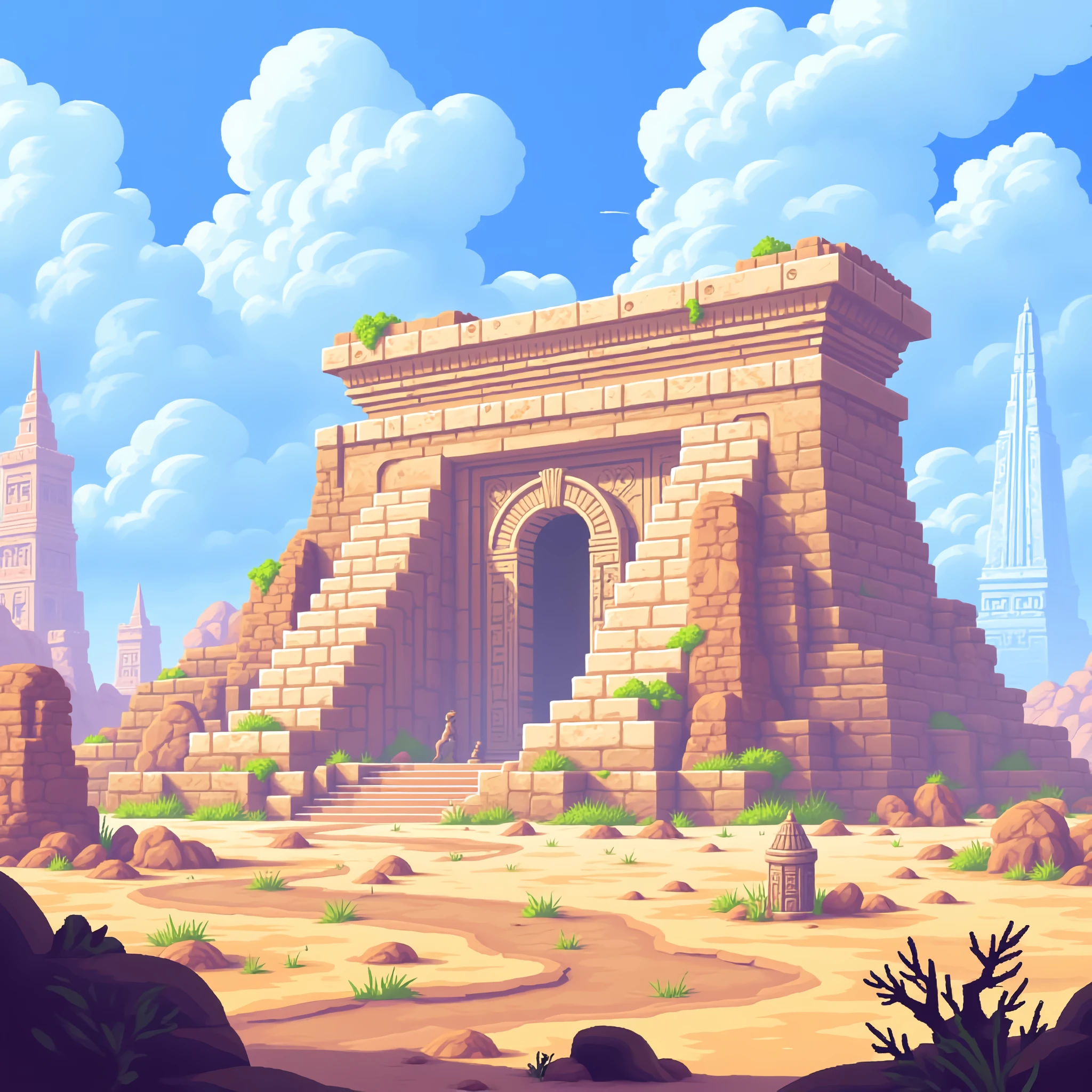 A vivid, pixelart depicts a fantastical landscape. The main subject is a grand, ancient temple with intricate stone carvings. The temple is surrounded by alien skyscrapers and arid vegetation. The artwork's style resembles digital art, blending realism and fantasy elements.
