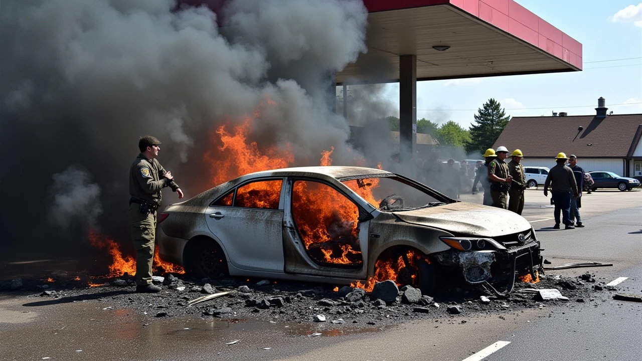 a photo of a burning destroyed Toyota Camry after a car crash,At an old gas station,people standing around,firefighters,police officers,  <lora:Car crash:1>