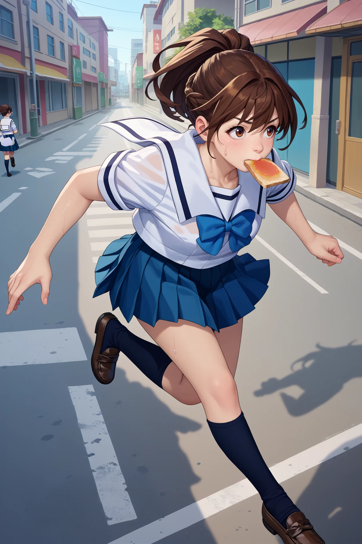 score_9, score_8_up, score_7_up, score_6_up, source_anime, 1girl, solo,  <lora:rnakiho-pdxl-nvwls-v1-000005:1> rnAkiho, brown hair, ponytail, brown eyes, white shirt, short sleeves, white sailor collar, blue bow, pleated skirt, toast in mouth, running, sweat, running, city, street, black socks, loafers, jumping, from above
