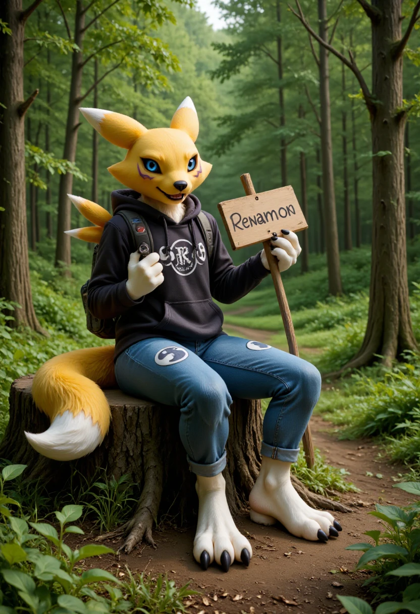 renamon, digimon with yellow fur, wearing a black hoodie, jeans and a backpack. Sitting on a stump in a forest, holding a sign that says "Renamon"  