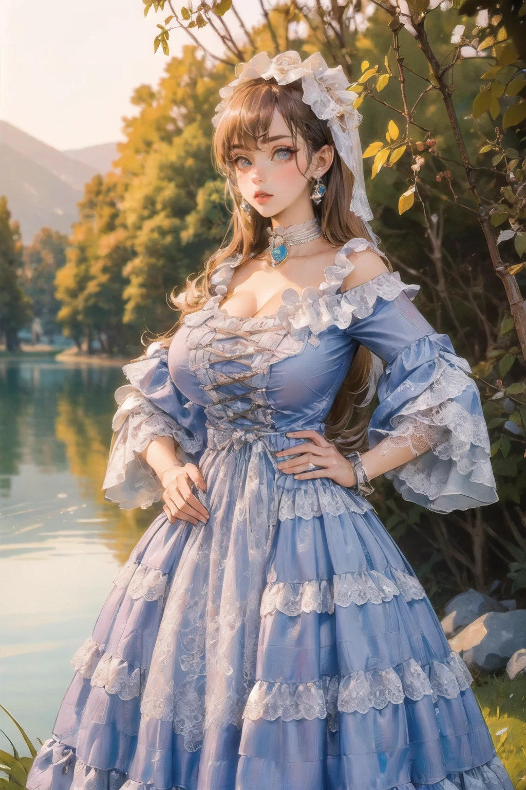 (masterpiece, best quality:1.2),illustration,8k,hd,huge filesize,lens flare,1 girl,very long hair,(extremely detailed eyes and face:1.3),solo,Diana,dress,blue dress,jewelry,earrings,lace,lace trim,hair ornament,choker,long sleeves,big breasts,bouncing breasts,extremely detailed dress,crystalstexture skin,narrow waist,(lake:1.5),(hands_on_hips:1.5),(outdoors:1.4),off shoulder,