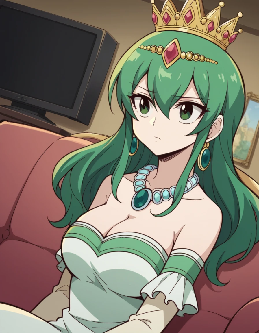 score_9, score_8_up, score_7_up, source_anime, <lora:hisui-fiore-anime-ponyxl-lora-nochekaiser:1>, hisui, long hair, green eyes, green hair, hair between eyes, large breasts,, dress, cleavage, bare shoulders, jewelry, earrings, necklace, tiara, crown,, living room, television, couch, popcorn, watching movie, night time, sitting,, , , hand holding a cup, solo,, cowboy shot, dutch angle