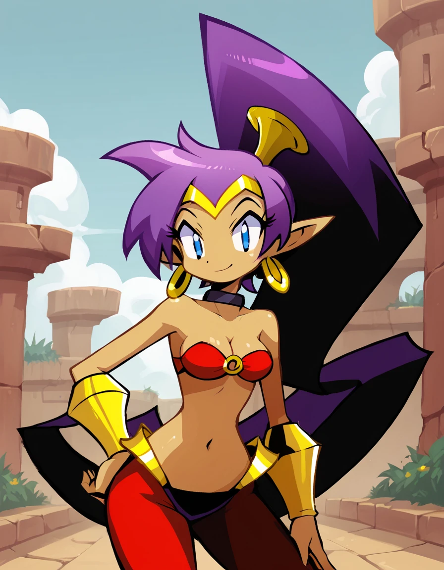 <lora:ShantaePony1.0:1> shantae, 1girl, purple hair, dark skin, pointy ears, breasts, blue eyes, medium breasts, navel, cleavage, ponytail, harem pants, o-ring top, bracer, choker, tiara,smile,  looking at viewer, hand on own hip, standing,outdoors, score_9, score_8_up, score_7_up, score_6_up, score_5_up, score_4_up