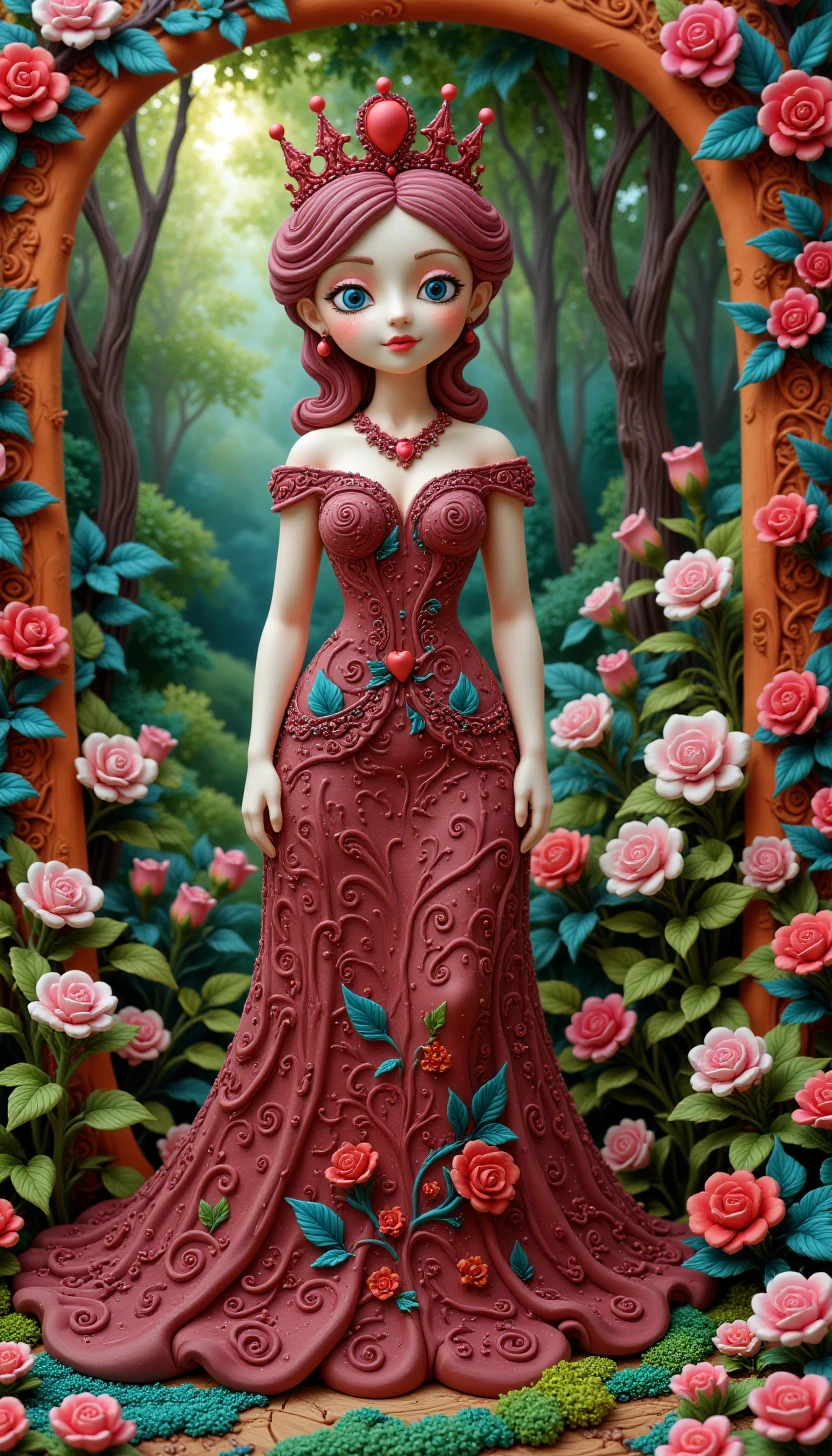 p1nk1ecl4y, clay art, a pretty queen, adorned with a majestic crown of ruby-heart shapes. She wears a striking burgundy, abstract, and eye-catching gown that features elegant heart and rose motifs. The queen stands gracefully in a beautiful garden beside a bush of painted white roses turned red