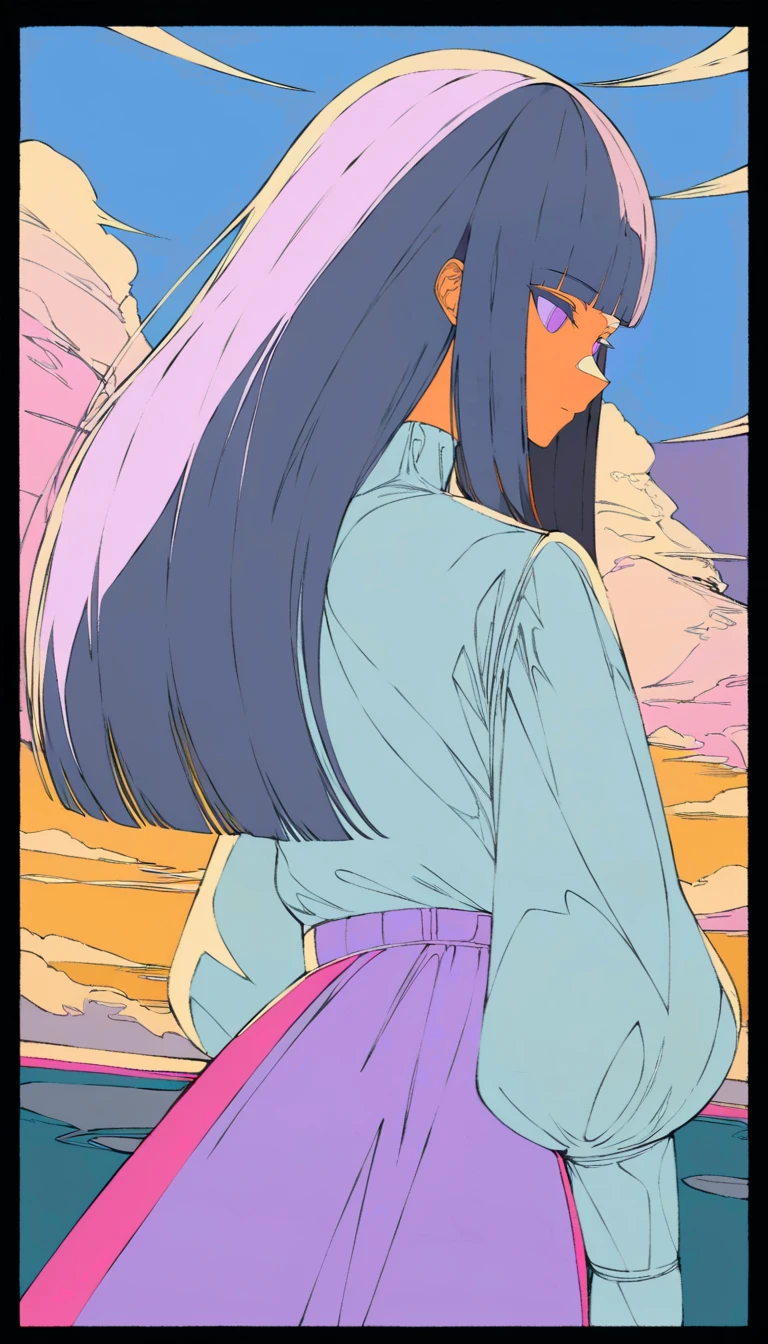 best quality, hires, (ligne claire:1.4), limited palette, flat color, black outline, border, from behind, [blue|violet|orange]
girl, upper body, violet hair, long hair, straight hair, windy, sidelocks, blunt bangs, hime cut, violet eyes, white blouse, puffy sleeves, long sleeves, violet skirt, (jitome, tsurime:1.2), looking back, 
light purple background, sky, cloud, sunset, reflection, 
<lora:Ligne_claire:0.6>