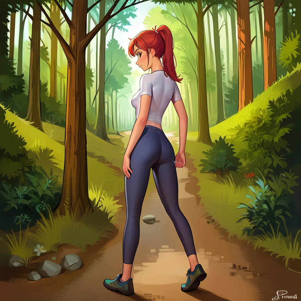 hi_res, score_9, score_8_up, (3qbv), 1girl, solo, source_anime, sexy girl, (full body, slim, tight shirt, tight pants), clothed, forest, hiking trail <lora:Standard_Poses:1>