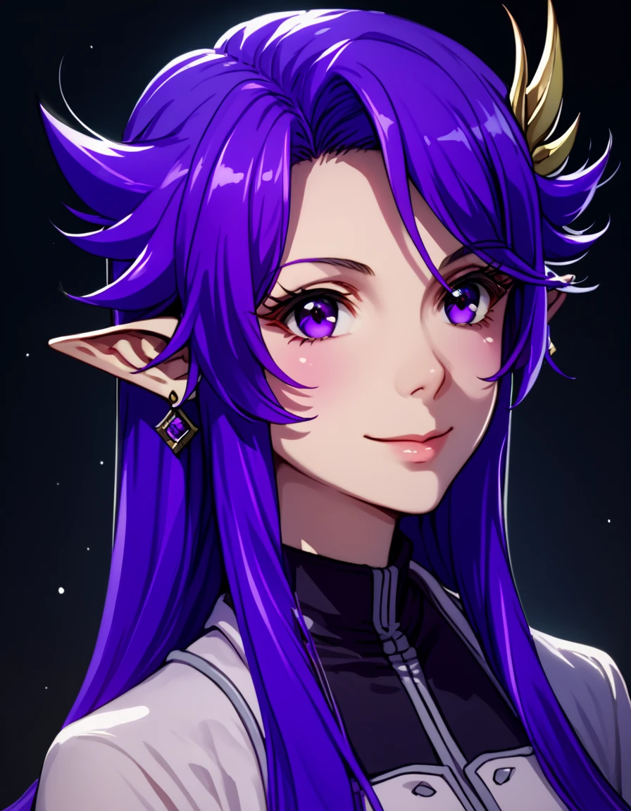 score_9, score_8_up, score_7_up, score_6_up, score_5_up, score_4_up, source_anime  <lora:FruitofEvolution:1>, soft smile, portrait,   Leia, long hair, hair ornament, purple eyes, purple hair, pointy ears, elf,