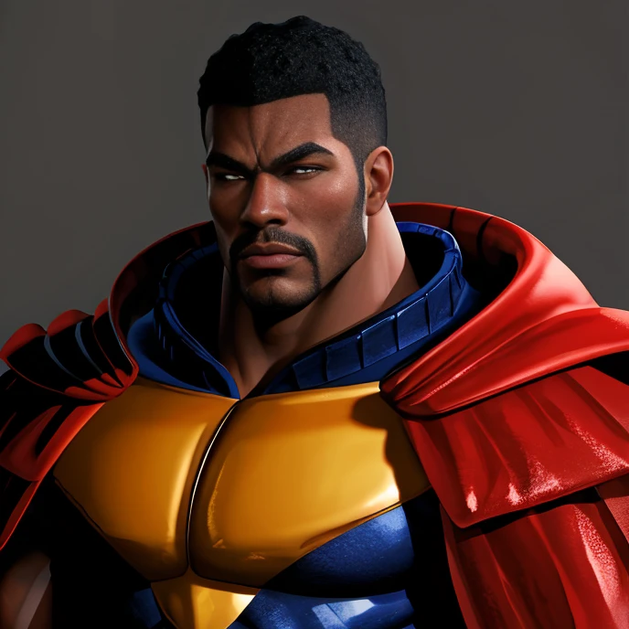 <lora:AlfHokuto:0.85>, absurdres, muscular male, armor, red cape, simple background, portrait, facing viewer, (bara:0.7), (afro:0.6)