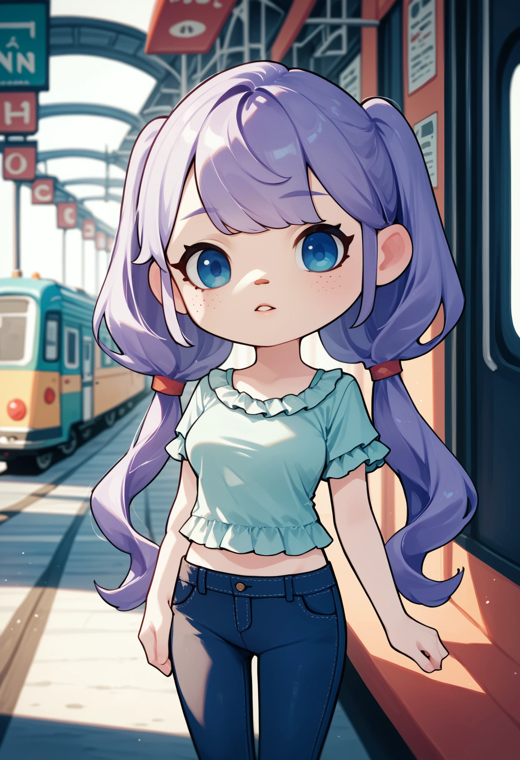 zPDXL3, score_9, score_8_up, score_7_up, score_6_up, score_5_up, score_4_up, 
1girl, 
medium breasts, 
blue eyes,
light purple hair,
big hair,
twintails,
parted lips,
leaning back,
frilled shirt,
lowleg pants,
train station,
acvillager, chibi, solo,
<lora:AnimalCrossing - Villager v2:1>