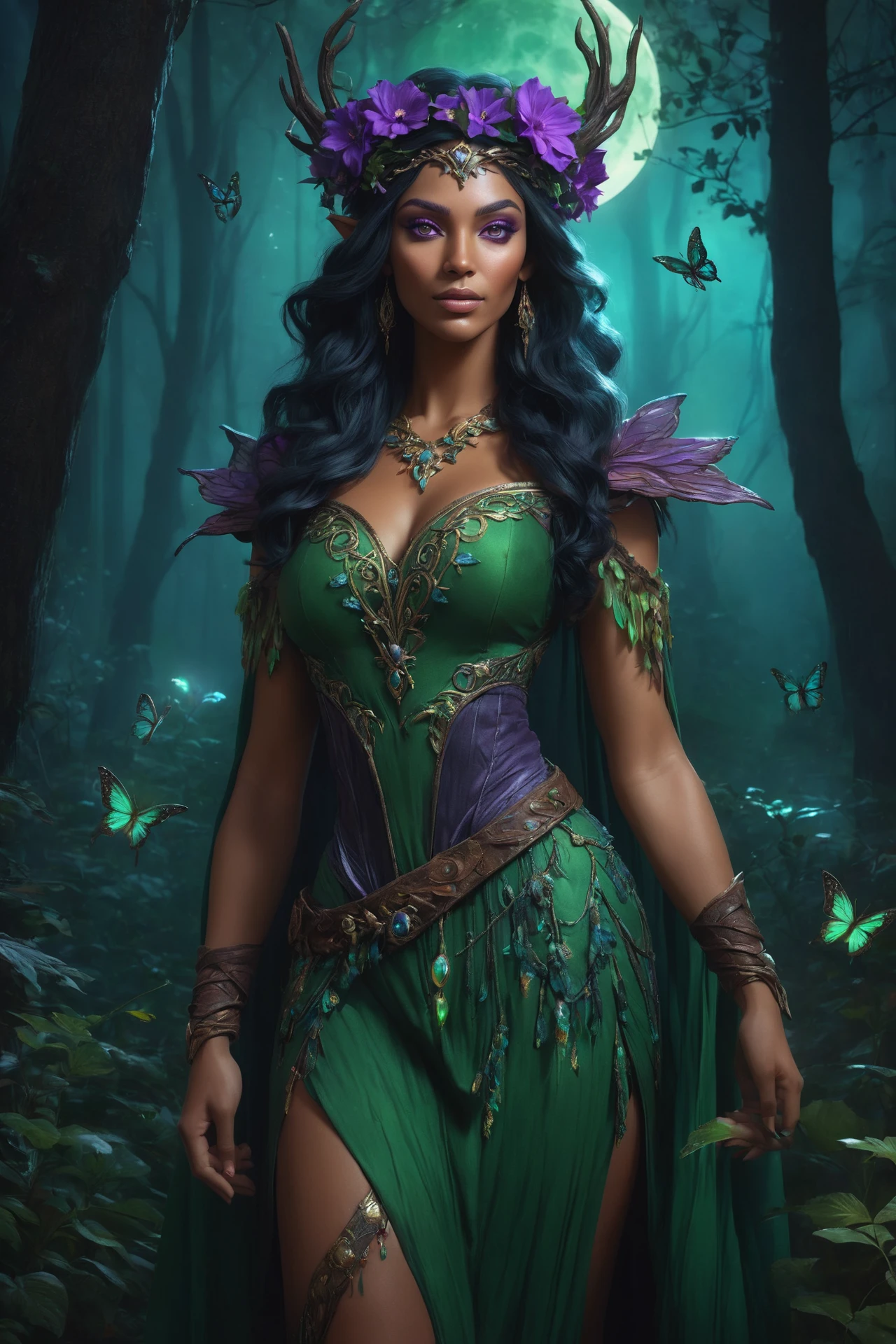 1girl, cowboy shot of beautiful elf druid, athletic, colored skin, purple skin, white eyes, black hair, green dress, flower crown, dark fantasy, dark atmosphere, forest, ((night)), moon, glowing butterflies, volumetric lighting, best quality, masterpiece, intricate details, tonemapping, sharp focus, very detailed, trending on Artstation, realistic, (comic style illustration), volumetric lighting, subsurface scattering, (realistic:1.2), perfect body, perfect hands, posing, dynamic pose,