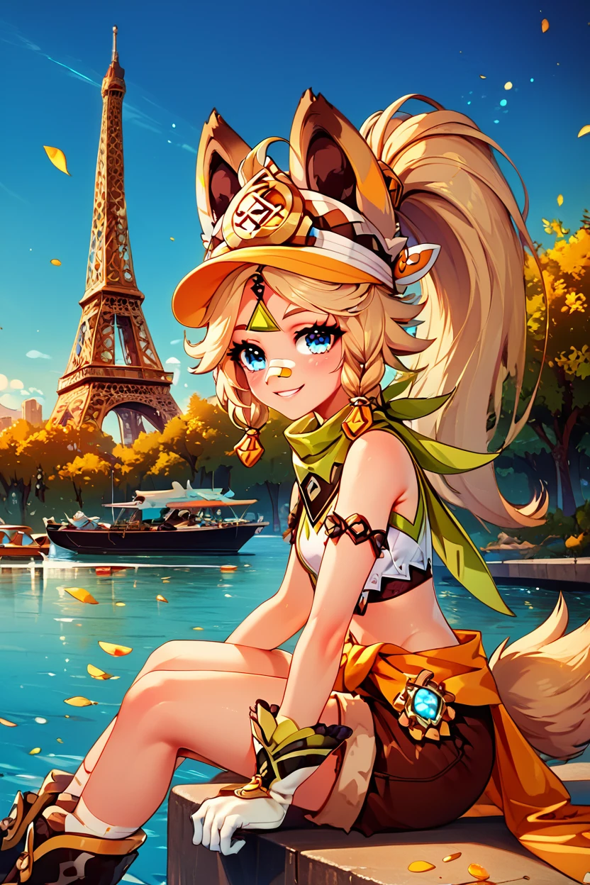 score_9, score_8_up, score_8, medium breasts, (curvy), cute, eyelashes,       BREAK, , <lora:Kachina_Genshin_PDXL:0.8>,  zzKachina, animal ears, blue eyes, long hair, side braids, high ponytail,  brown hair, bandaid on nose, green bandana, bandana around neck, clothes around waist, crop top, fur-trimmed gloves, white mittens, brown shorts,, , BREAK,  zzEiffelTower in background, sitting, watercraft, boat, sitting on wall, side view, looking at viewer, smile,  BREAK, blooming stars, luminescent petals, otherworldly fragrance blurry background, embedding:zPDXL, Expressiveh, <lora:EiffelTowerPDXL:0.8>,  <lora:CatalystStylePDXL:0.6>,  <lora:SDXLFaeTastic2400:0.5>,  <lora:Expressive_H-000001:0.4>,