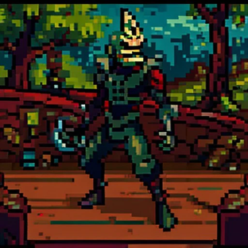 Realistic pixel sprite of Psyphon, no humans, male, sharp teeth, white skin, makeup, black lips, single horn, full-body,  Battle stance,  male