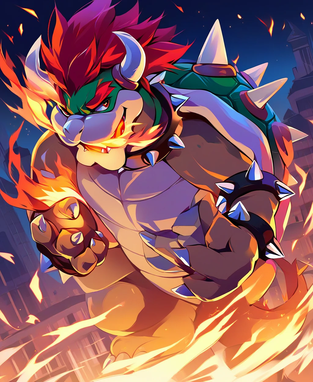 score_9, score_8_up, score_7_up, score_6_up, score_5_up, score_4_up, source_furry, hi res, city background, side angle, rimlight, solo, Bowser, Spiked Bracelets, Spiked Collar, Spiky Shell, red eyes, focus, solo, fire, spiked shell, breathing fire