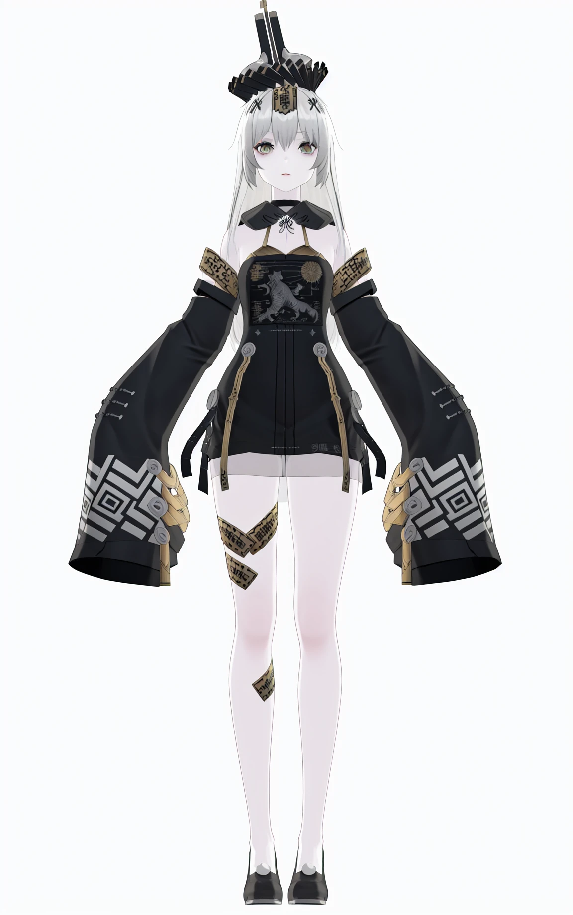 8k, best quality, masterpiece, (ultra-detailed), (high detailed skin), (by nanoless, by misumi \(macaroni\),:0.5),
A full-body portrait of a young girl, standing gracefully, pastel art style, high-key lighting, shoujo manga influence, hd quality, delicate details,
full body, full shot, standing, looking at viewer, (solo:1.2), simple background, white background,
<lora:21XXI-sd-Tanger-000019:0.8>,
21XXI, 2nd clothes, strange hat, black chinese clothes, 1girl, long hair, detached sleeves, dress, black footwear, pale skin, white hair, sleeves past wrists,