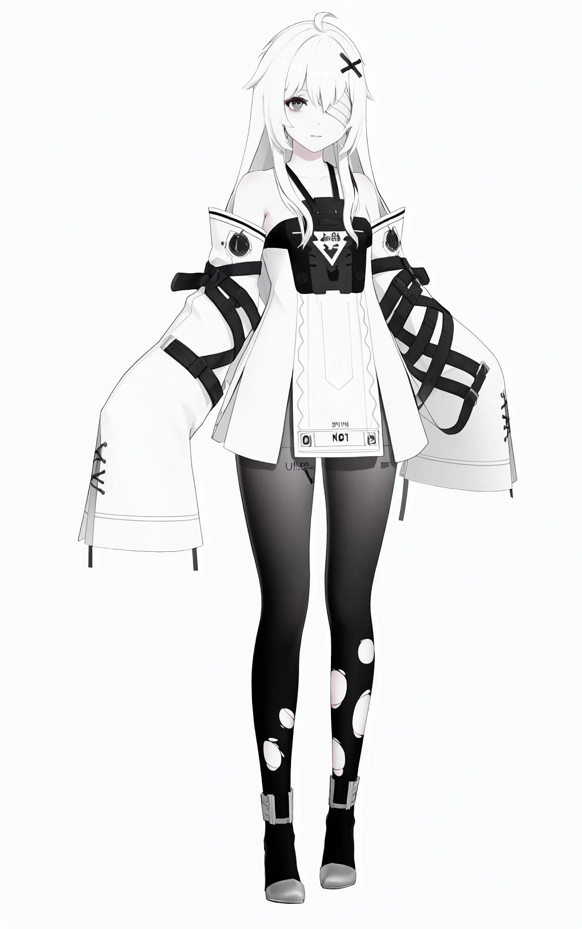 8k, best quality, masterpiece, (ultra-detailed), (high detailed skin), (by nanoless, by misumi \(macaroni\),:0.5),
A full-body portrait of a young girl, standing gracefully, pastel art style, high-key lighting, shoujo manga influence, hd quality, delicate details,
full body, full shot, standing, looking at viewer, (solo:1.2), simple background, white background,
<lora:21XXI-sd-Tanger-000019:0.8>,
21XXI, 1st clothes, x hair ornament, 1girl, long hair, white hair, torn clothes, pantyhose, torn pantyhose, grey eyes, sleeves past wrists, bandage over one eye,