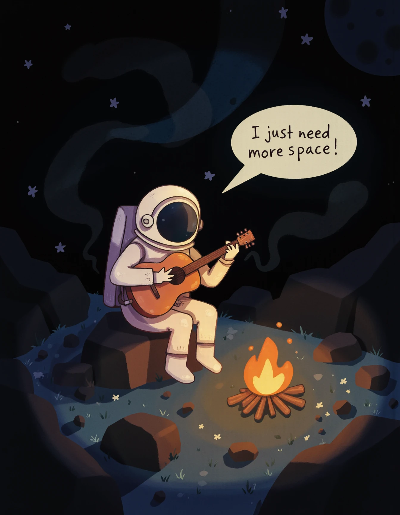 whimsyglo style image of a cosmonaut sitting on the moon playing guitar neer a campfire. There is the dark infinite space in background. There is a bubble next to his head with the text "I just need more space." The overal atmosphere of the image is melancholic and peaceful. <lora:Whimsyglo style_epoch_19:1>