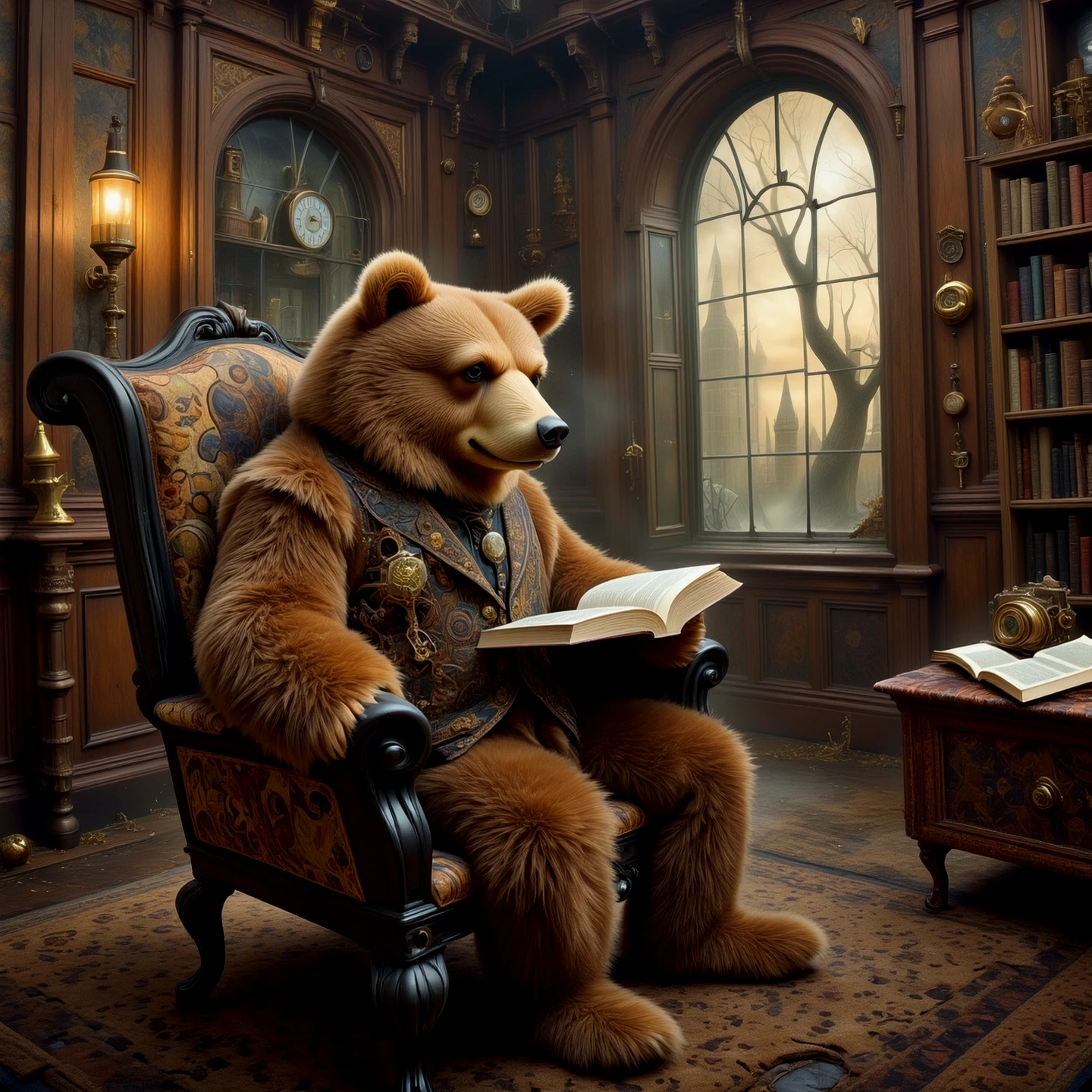 A bear sitting in an armchair, reading a book.

Atmospheric.

WhimLonCE style