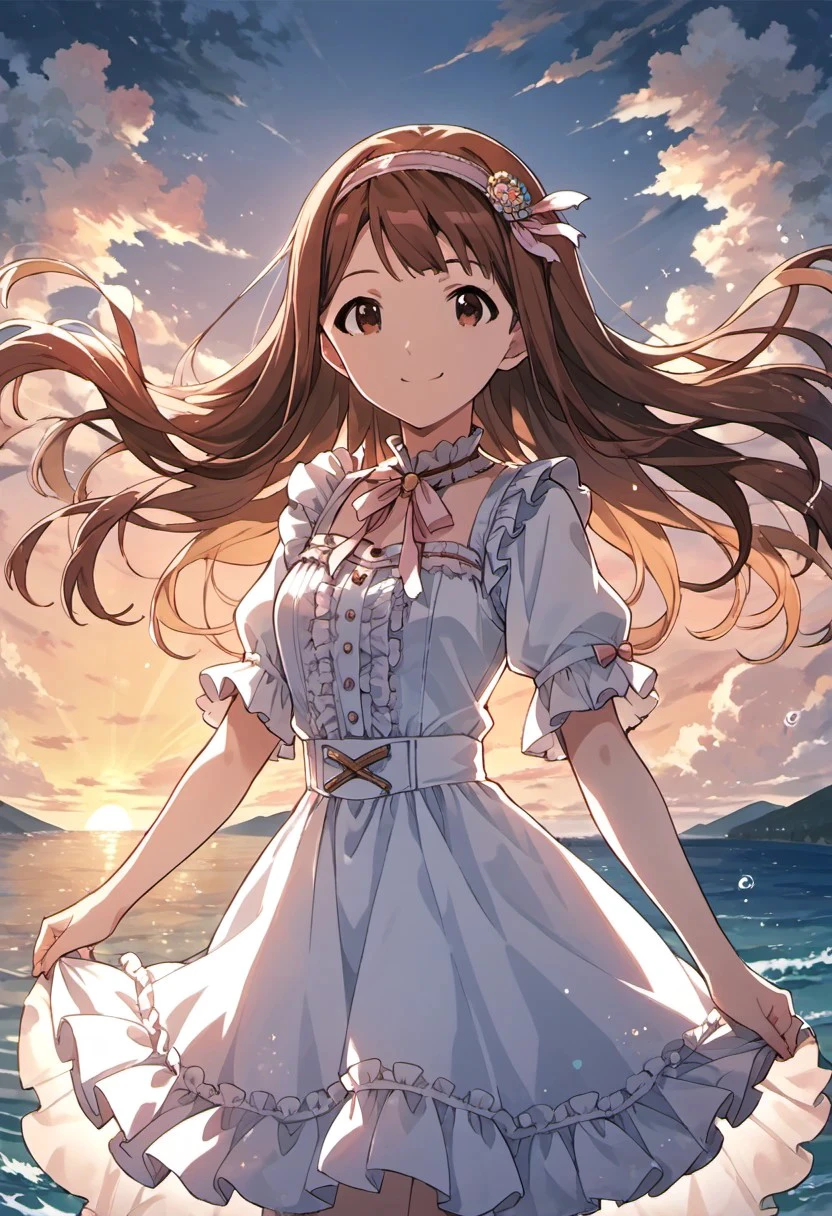 score_9, score_8_up, score_7_up, source_anime,tanaka kotoha, brown hair, long hair, brown eyes, 1girl, solo, dress, smile, looking at viewer, sky, sunset, hairband, cloud, frills, floating hair, ocean