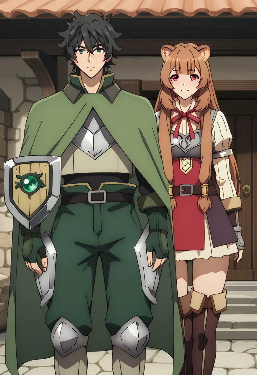 score_9, score_8_up, score_7_up, source_anime, rating_safe, NaofumiSH, raphtalia, couple focus, 1girl, 1boy, anime screencap, green-yellow_Naofumi_collared cape, grey_Naofumi_chest armor, light yellow_Naofumi_shirt, black-green-light yellow_Naofumi_fingerless gloves, black-grey_Naofumi_belt, green-yellow_Naofumi_pants, grey_Naofumi_thigh armor, grey_Naofumi_boots, grey-green_Naofumi_forearm shield, smile