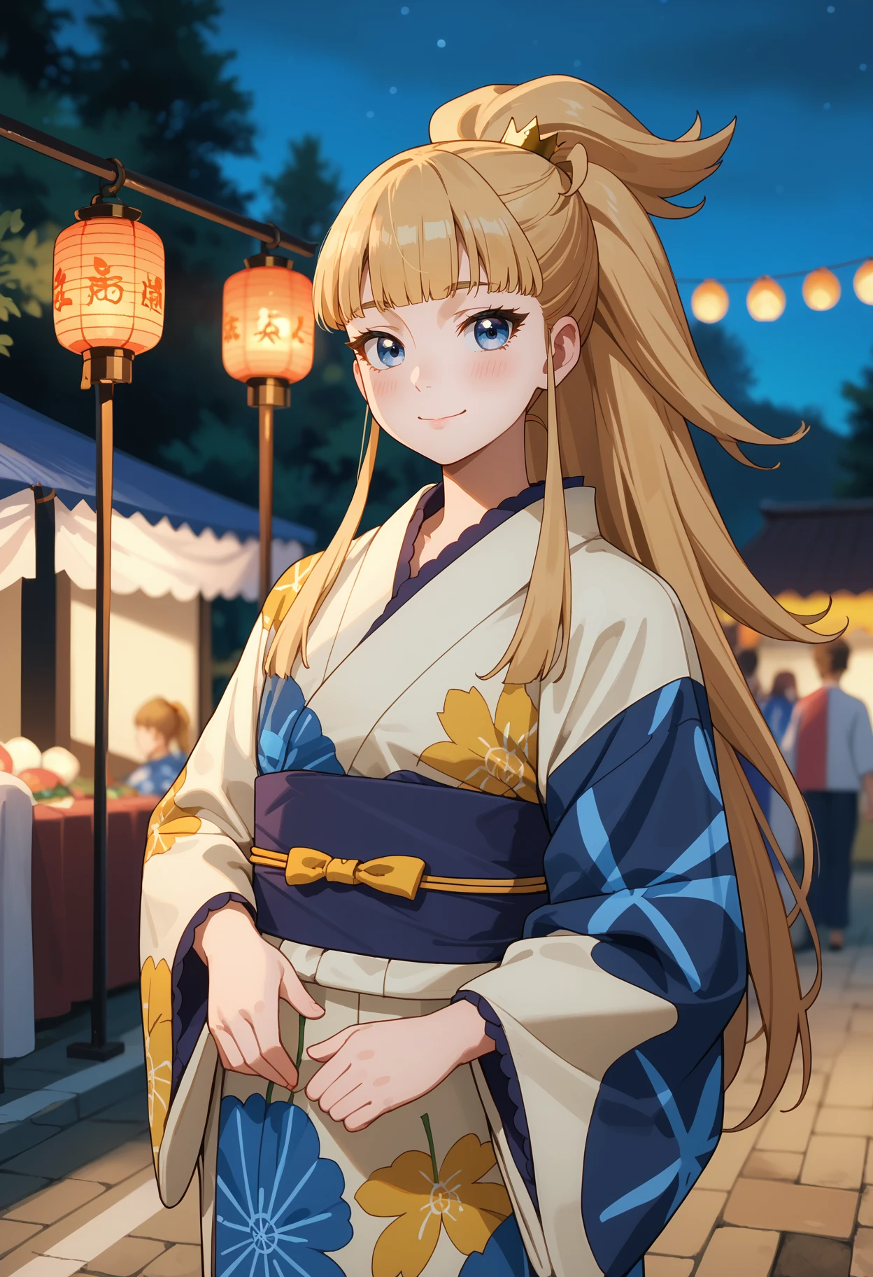 score_9, score_8_up,
<lora:KekkonYubiwaMonogatari_KrystalNovatyXL:0.9>,
1girl, solo, closed mouth, light smile, light blush,
ponytail, long hair, blonde hair, blunt bangs, blue eyes, mini crown,
multicolored kimono, print kimono, yellow kimono, blue kimono, purple sash,
standing, looking at viewer, cowboy shot,
blurry background, outdoors, summer festival, lantern, stall, night