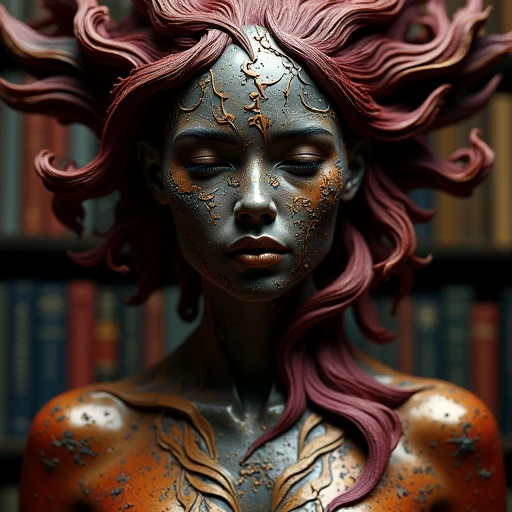 making the sculpture stand out even more. The overall mood of the sculpture is surreal and dreamlike., flowing hair. She is wearing a futuristic-looking outfit with a metallic gold and red color scheme. The woman's face is covered in intricate patterns and designs, The image is a close-up portrait of a person's face. The person appears to be made of a dark, with a hint of purple, with a bookshelf in the background. The overall mood of the sculpture is surreal and dreamlike.