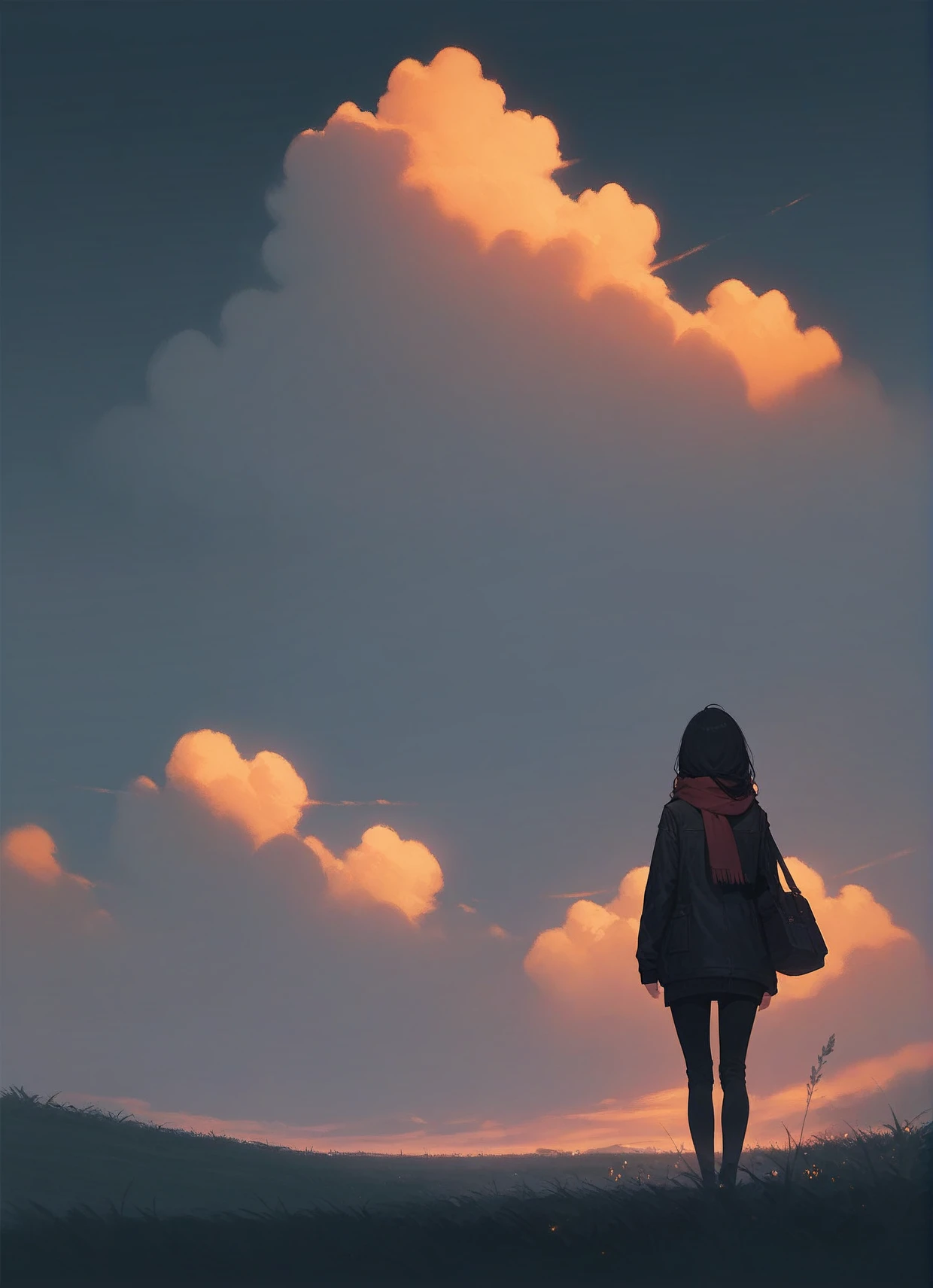 score_9,score_8_up,score_7_up,1girl,solo,sky,cloud,outdoors,scenery,black hair,grass,from behind,long hair,standing,cloudy sky,dark,hood,sunset,bag,jacket,night,scarf,long sleeves,facing away,