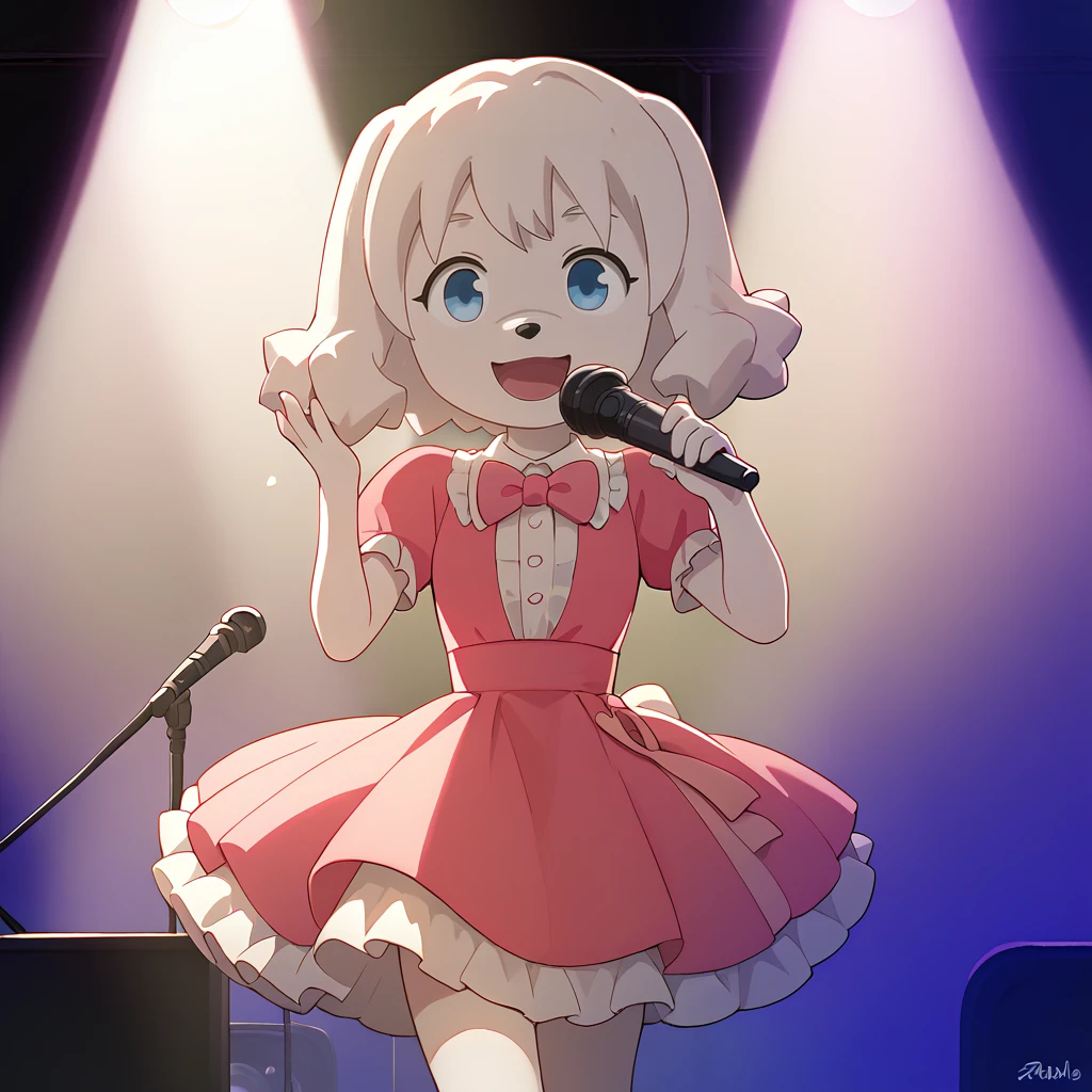 score_9, score_8_up, score_7_up, 1girl, solo, uncensored, <lora:RuiNikaidouXL_v1.0:1> rui nikaidou, dog nose,  1girl, happy, holding microphone, singing, dancing, solo, pink bowtie, pink dress, frilled dress,  indoors, stage, stage lights, spotlight