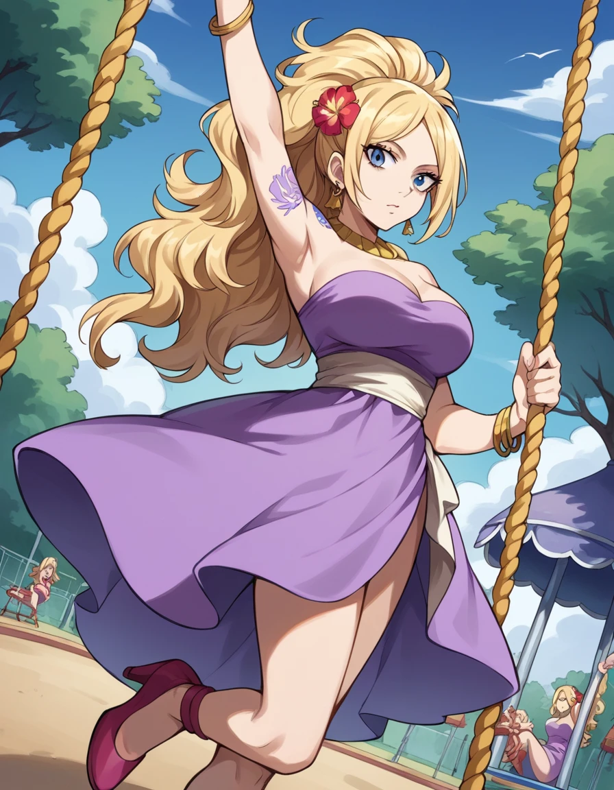 score_9, score_8_up, score_7_up, source_anime, <lora:jenny-realight-anime-ponyxl-lora-nochekaiser:1>, jenny realight, long hair, blue eyes, blonde hair, wavy hair, swept bangs, large breasts,, hair ornament, dress, cleavage, bare shoulders, jewelry, ponytail, flower, earrings, shoes, hair flower, high heels, bracelet, legs, strapless, tattoo, strapless dress, side slit, purple dress,, public park, playground, swing set, laughter, sunny day, , looking at viewer, arm raised above head, solo,, cowboy shot, dutch angle