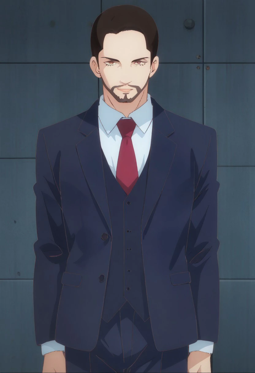 score_9, score_8_up, score_7_up, source_anime, rating_safe, MaedaAA, black_Maeda_hair, black_Maeda_facial hair, 1boy, male focus, anime screencap, white_Maeda_shirt, dark blue_Maeda_suit red_Maeda_necktie, dark blue_Maeda_pants,