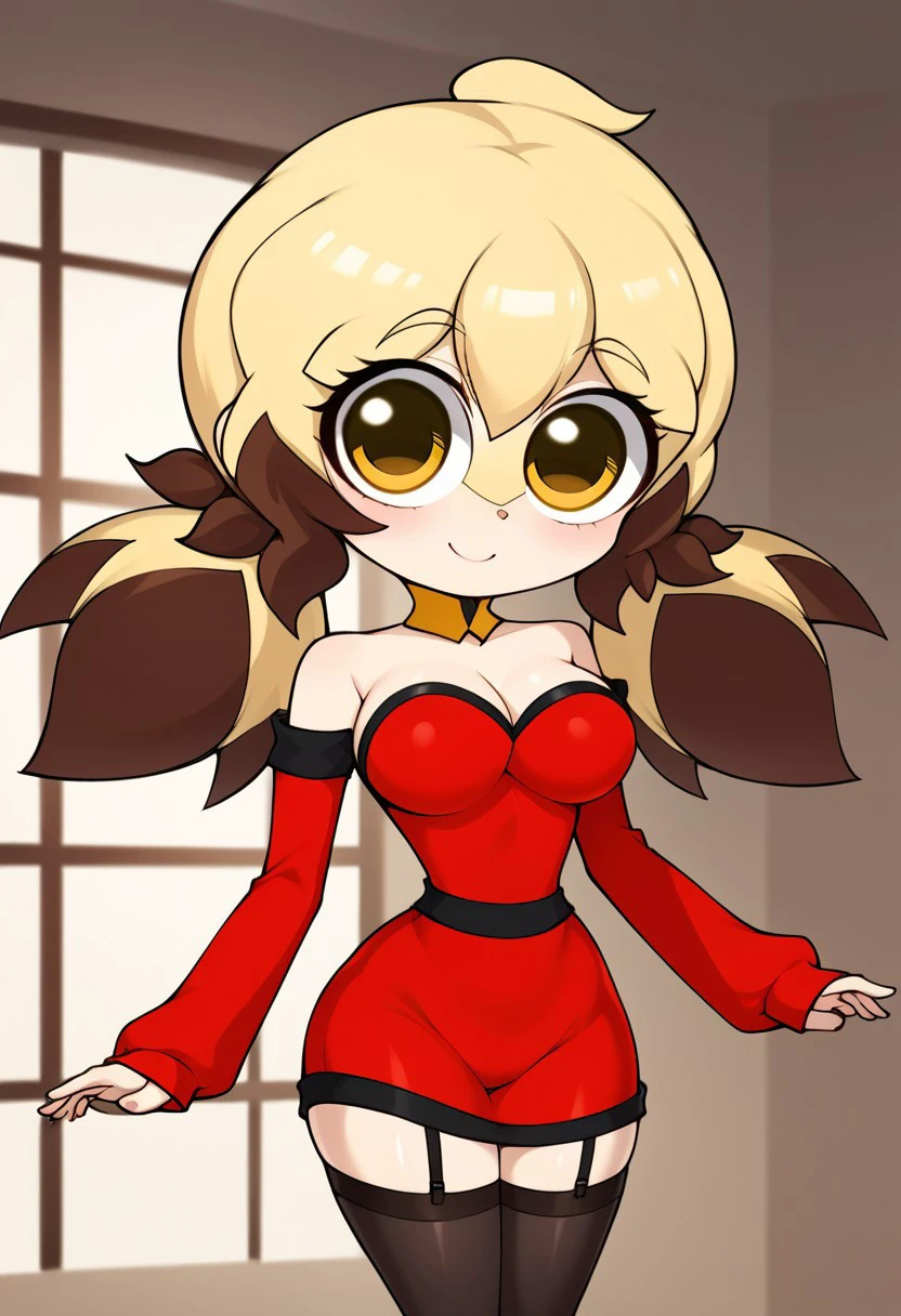 score_9, score_8_up, score_7_up, masterpiece, best quality, room, hotel, (very beautiful eyes, big thighs, thin waist, medium breasts), 1girl, PudinM, Blonde and brown hair, yellow eyes, twintails,, Red dress, long stockings, sleeves,, sexy pose, Smile, chibi, Half body