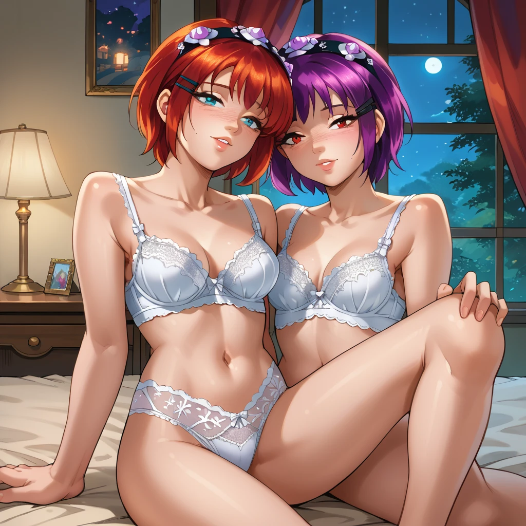 score_9, score_8_up, score_7_up, (masterpiece:1.2), (ultra quality:1.2), dynamic pose, Close-up, (lingerie), (intimate), (night time), anime <lora:Fanny__Fione:1> fanny and fione, red hair and blue eyes, purple hair and red eyes, twins, 2girls, The scene is set at night, creating a warm, intimate atmosphere, with soft, diffused lighting highlighting their lingerie and expressions. The pose is relaxed yet dynamic, drawing focus to the closeness between the twins, enhancing the delicate and alluring nature of the image.