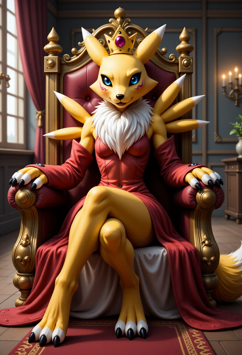 A portrait of renamon, digimon girl with yellow fur, wearing a fancy red dress and royal crown, sitting on a throne in a throne room. 