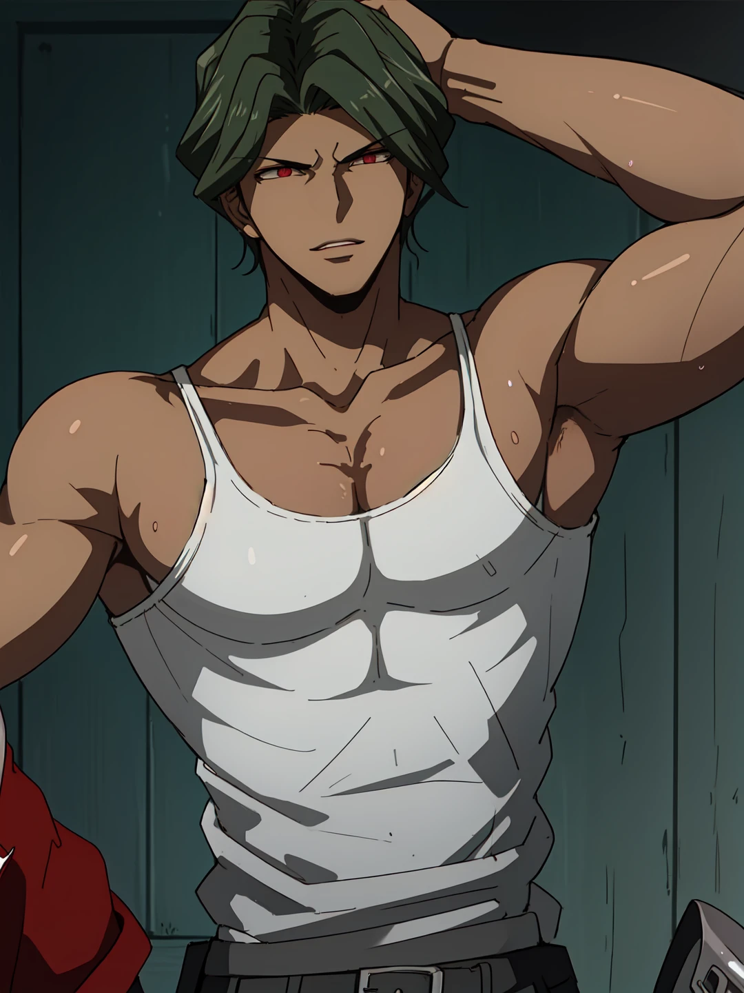sakakura, 1boy, black hair, tanned skin, red eyes, male focus, <lora:Juzo_Sakakura_r1:0.65>