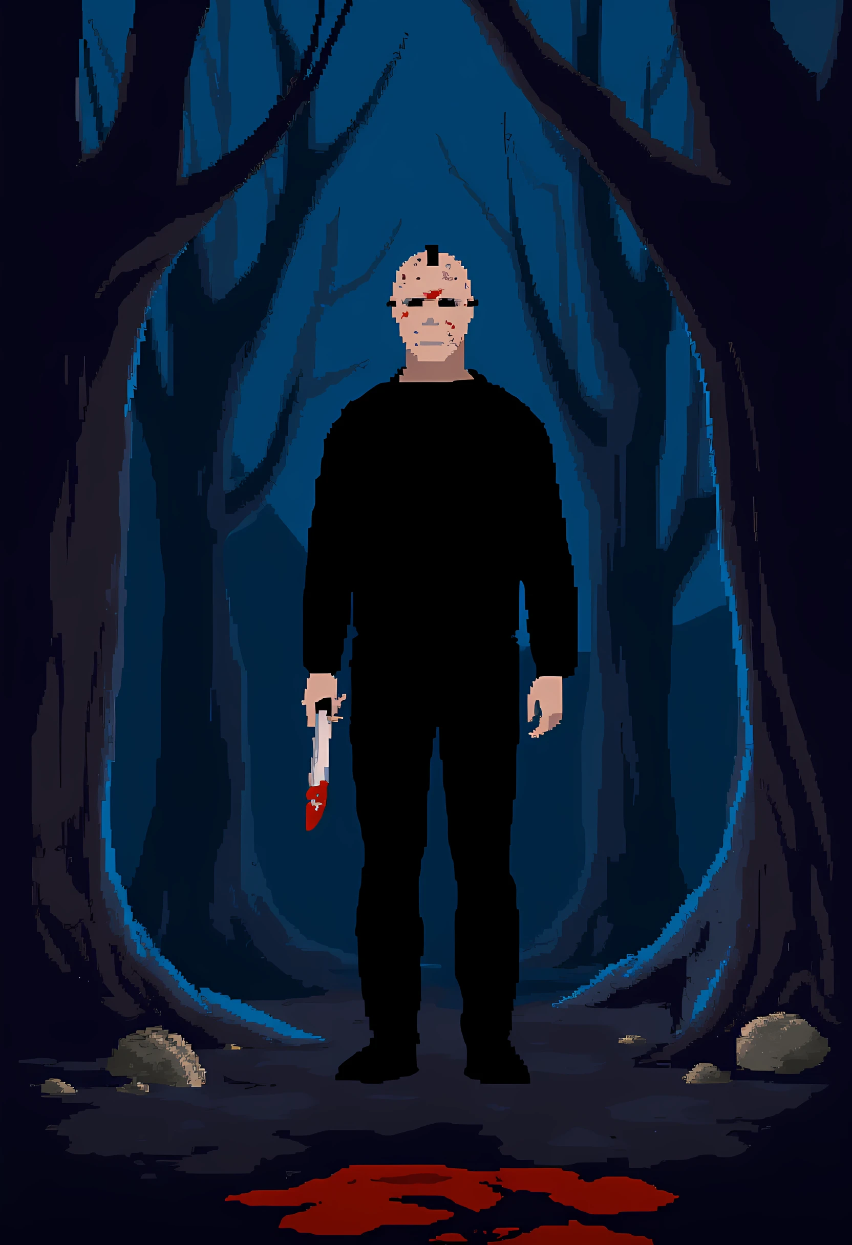 ootwstyle, Jason Vorhees of Halloween in the woods at night holding a bloody knife.   