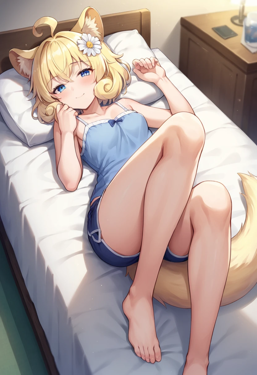 score_9,score_8_up,score_7_up,source_anime,masterpiece,best quality,game cg,1girl,solo,night,rameca_(show_by_rock!!),blonde hair,blue eyes,ahoge,hair flower,hair ornament,animal ears,tail,blue shirt,looking_at_viewer,upper_body,dynamic_angle,<lora:ramecaSB69:1>,camisole,shorts,bedroom,sleepy,half-closed eyes,on back,on_side,legs_together,knee_up,smile,expressionless,