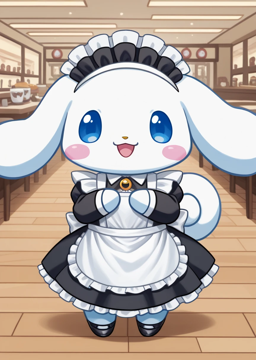 score_9, score_7_up, BREAK
source_anime, source_furry, Cinnamoroll, solo, looking at viewer, smile, open mouth, blue eyes, standing, :d, no humans, blush stickers, happy, cafe, cute, kawaii, chibi, long ears, white fur, maid uniform, maid headdress