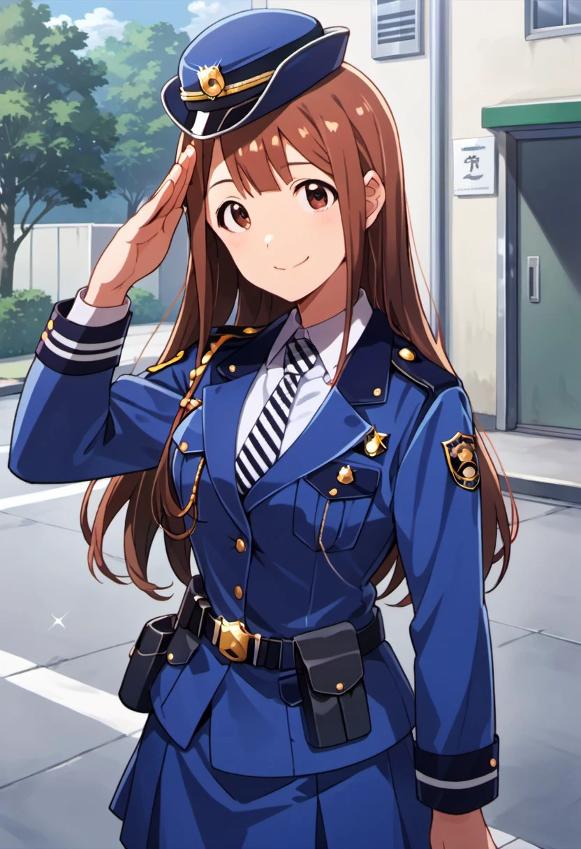 score_9, score_8_up, score_7_up, source_anime,tanaka kotoha, brown hair, long hair, brown eyes, 1girl, uniform, hat, police uniform, police, smile, salute, skirt, necktie, policewoman, solo, looking at viewer