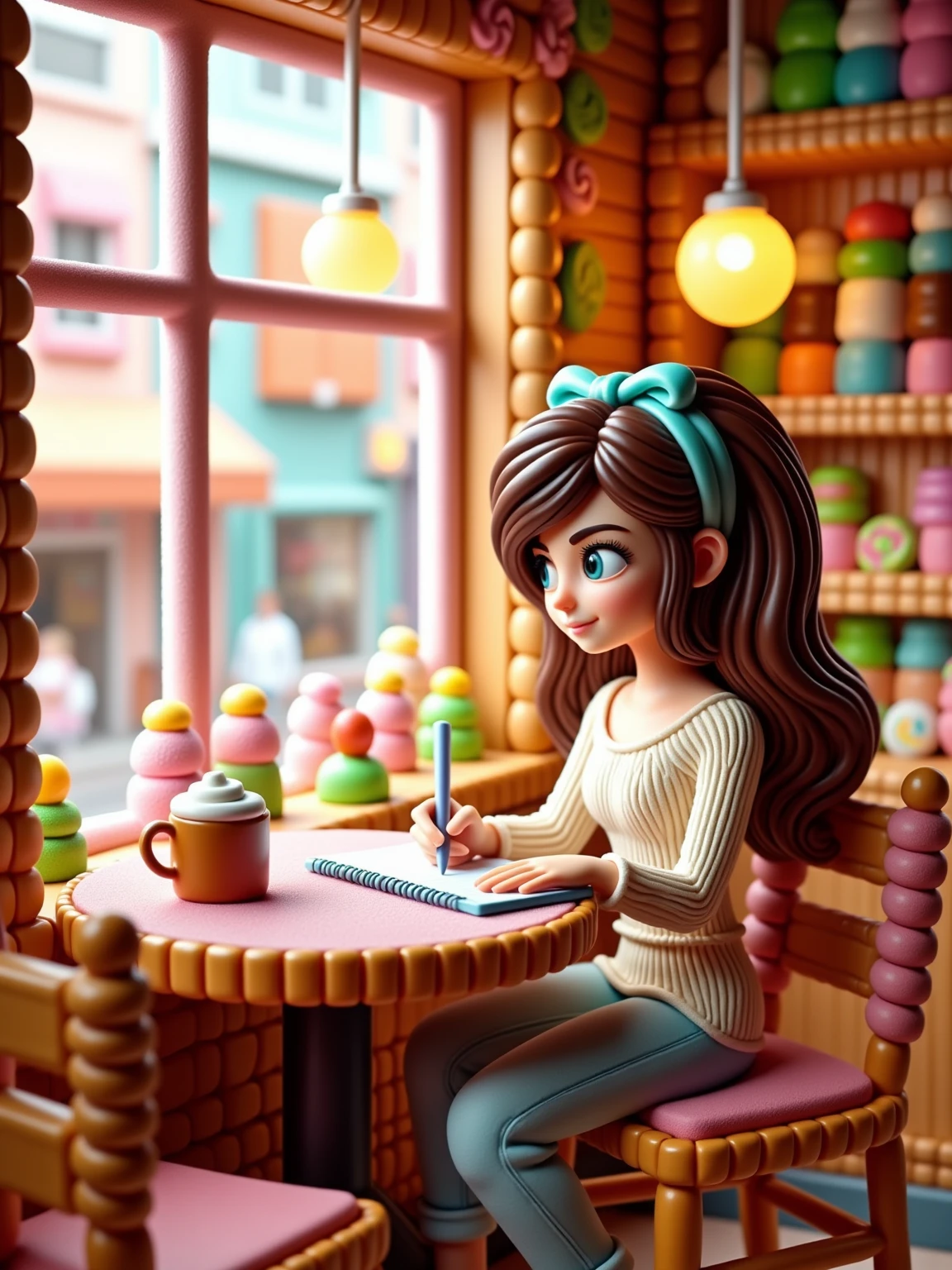 A Woman Writing in a Cozy Cafe by the Window in candyland style. A woman sits at a small table in a cozy cafe, a notebook open in front of her and everything is made of candy. She is seated by a window.