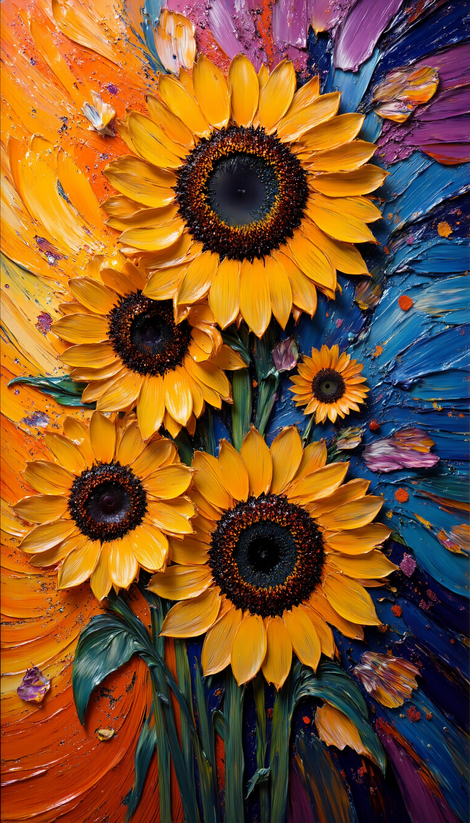 A dynamic and minimalist take on "Sunflowers" in the style of Vincent van Gogh, with thick, textured brushstrokes using impasto and modern materials. The sunflowers are painted with a combination of bold, swirling strokes and clean lines, using bright, unconventional colors like electric yellow and deep purple. The flowers stand out against a minimal, monochrome background, creating a striking contrast between the rough, textured petals and the smooth simplicity of the overall composition. The result is an energetic, modern masterpiece that balances intensity with refined minimalism, impasto, brushwork, paint layers, a sleek, stippling, <lora:Midjourney_Whisper_BrushPulse_v01_epoch_20:1>,  <lora:midjourney_whisper_flux_lora_v01:1>,