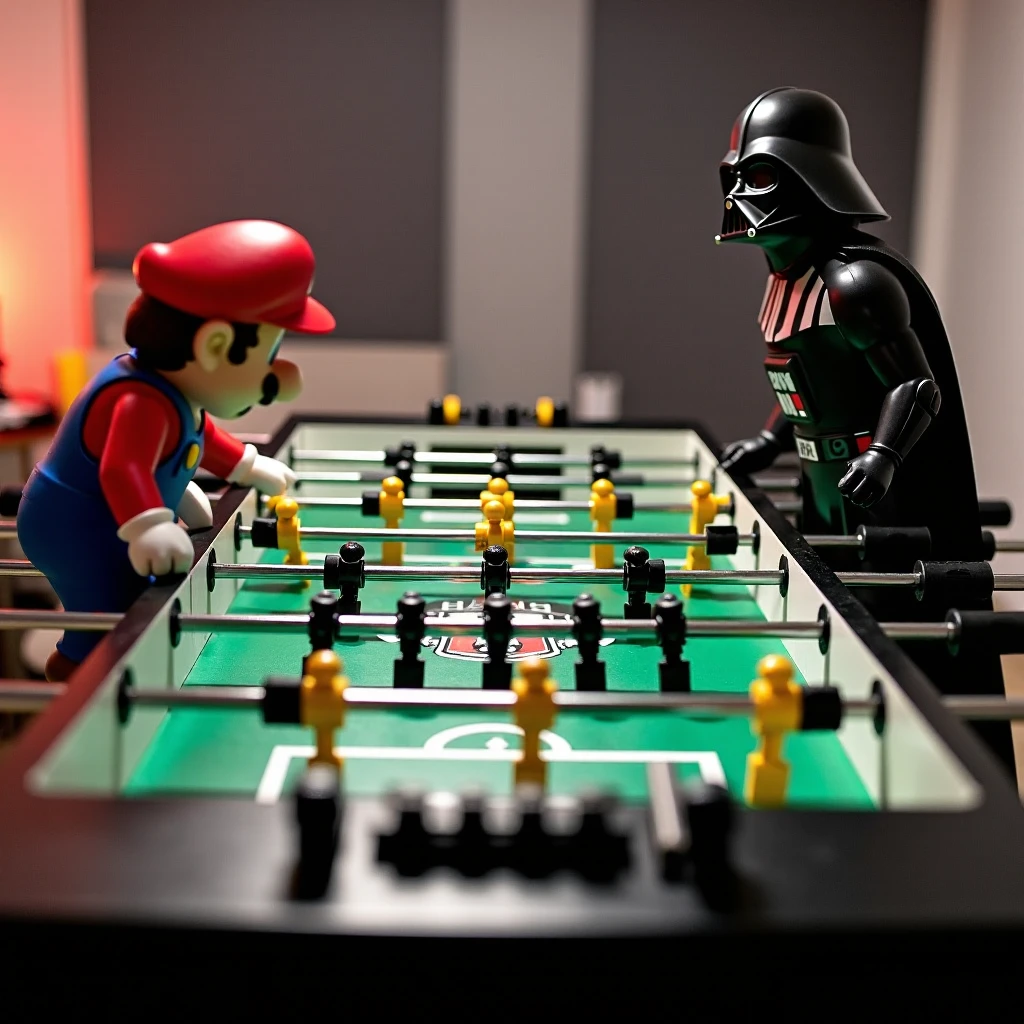 a tornadoT3000 a tornado foosball table is positioned centrally in the image, Super Mario is on one side playing vs Darth Vader on the othe side, the overall mood is playful and futuristic