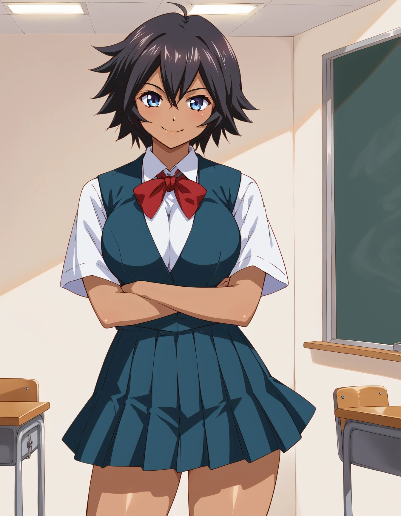 <lora:ukitsu_it:0.75>, ukitsu_it, black hair, blue eyes, dark dark skin, large breasts, school uniform, pleated skirt, red tie, bow tie, vest, classroom, standing, thighs, smile , smile, three-quarter portrait ,
score_9, score_8_up, score_7_up, masterpiece, best quality, absurdres, 8k wallpaper, source_anime, uncensored,