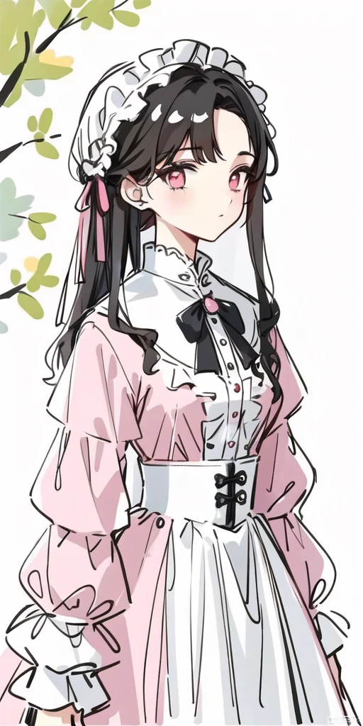 1girl,white_background,black_hair, upper_body, male_focus, victorian dress,pink clothes, pink_dress, , 